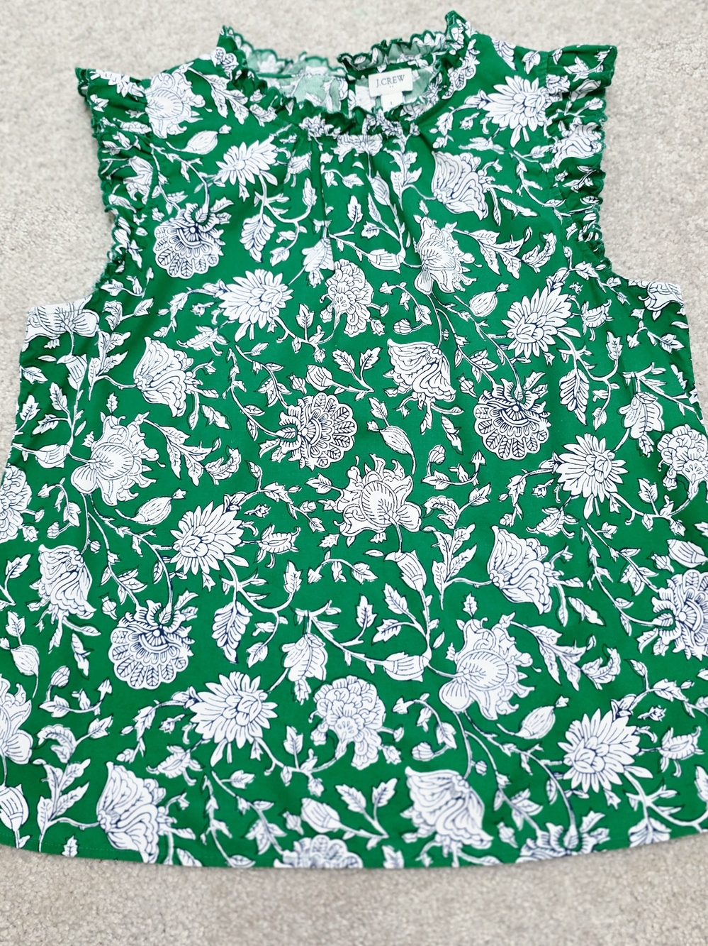 J.Crew Green Floral Sleeveless Ruffle Neck Top Size L 100% Cotton - Picture 2 of 12